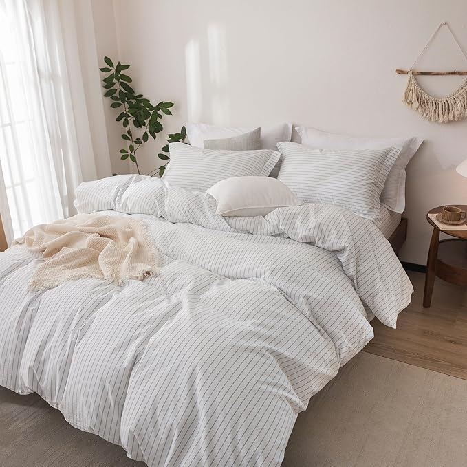 Stripe Linen Feel Duvet Cover Queen Size 90inch x 90inch,100% Washed Cotton Duvet Cover with Zipper Closure and 2 Pillowcases, Stripe of White-Cornflower Blue