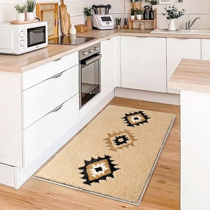DEXDE Bathroom Rugs Boho Moroccan Bath Rug 20x32 Inches - Geometric Non-Slip Bath Mat, Cream Beige Machine Washable Quick Dry Absorbent Soft for Bathroom, Neutral Decor