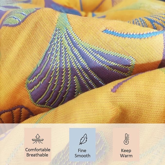 Ginkgo Leaf Cotton Quilt Blue Orange Reversible King Size Bedspread Coverlet for All Seasons Lightweight Muslin Quilt Throw Blanket for Bed, Couch (King)