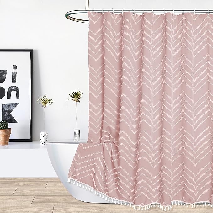 Extra Long Pink Boho Shower Curtain with White Tassel, Woven Fabric Cute Shower Curtain, Tufted Chevron Striped, 72 x 78, Modern Chic Textured Minimalist Bathroom Shower Curtain