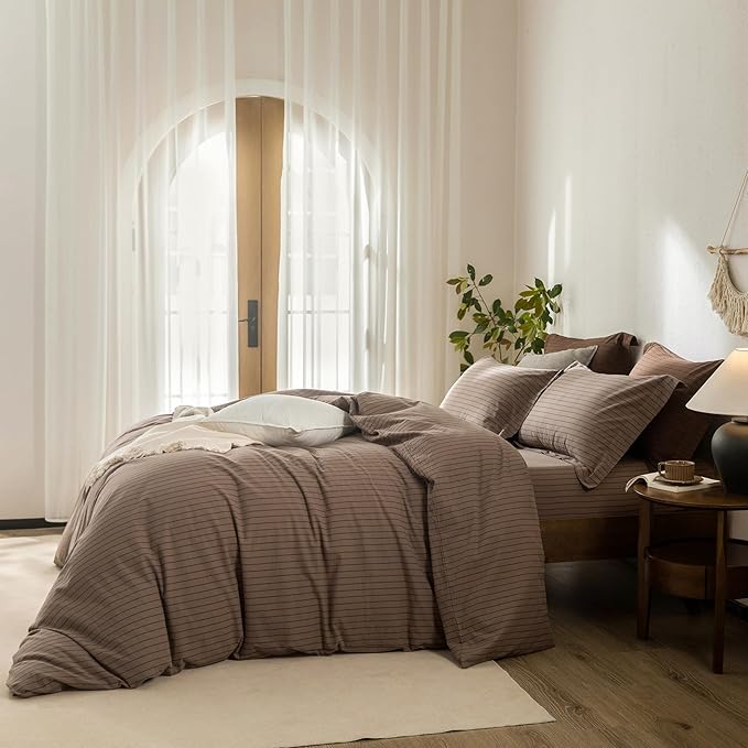 Stripe Duvet Cover King Size 104inch x 90inch,100% Washed Cotton Pinstripe Duvet Cover with Zipper Closure and 2 Pillowcases, Color of Light Brown-Black Stripe