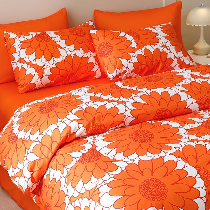 KAREVER Orange Sunflower Comforter Set King Size Orange Sunflower Bedding Set 3 PCs Comforter Set King Size Fluffy Linen Comforter Sets