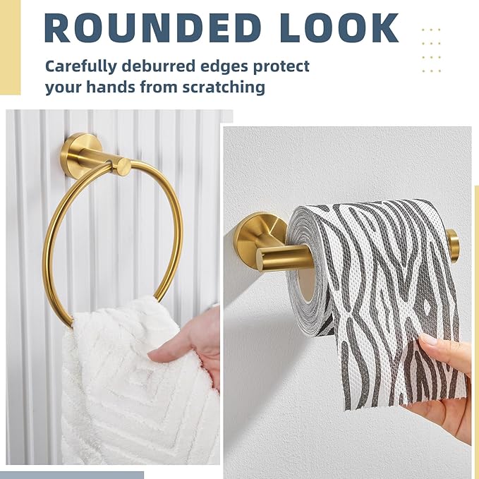 APLusee Brushed Gold 2 Pieces Bathroom Hardware Set, Hand Towel Ring and Toilet Paper Holder, 304 Stainless Steel Bath Accessories, Wall Mounted