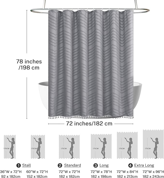 Extra Long Shower Curtains 72 x 78 Inches Tufted Chevron Light Gray Shower Curtains Fabric for Bathroom Modern Shabby Chic Waterproof Cloth Shower Curtain