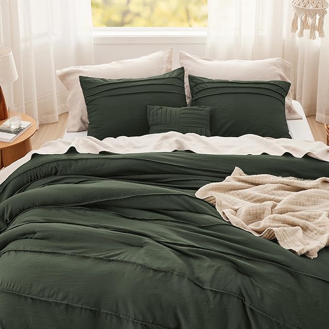 Bedsure California King Comforter Set - 4 Pieces Pinch Pleat Bed Set, Olive Green Boho Bedding for All Season, 1 Soft Comforter, 2 Pillowcases, 1 Decorative Pillow