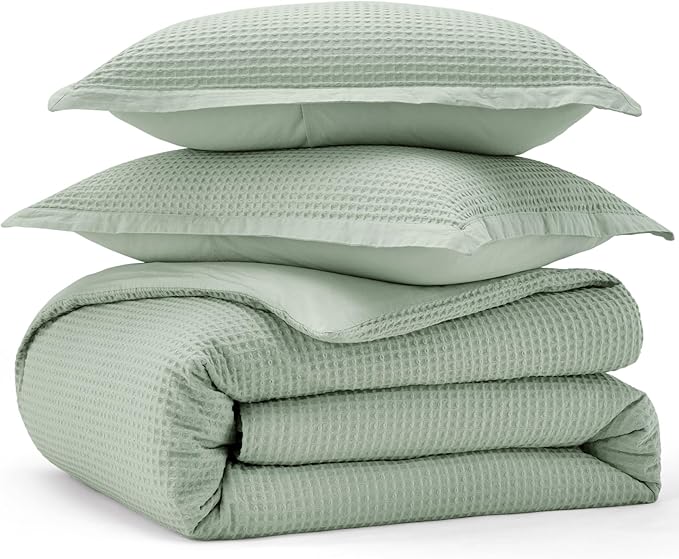 Bedsure Cotton Duvet Cover Queen - 100% Cotton Waffle Weave Sage Green Duvet Cover Queen Size, GentleSoft™ and Breathable Bedding Set for All Season, 3 Pieces, 90"x90"