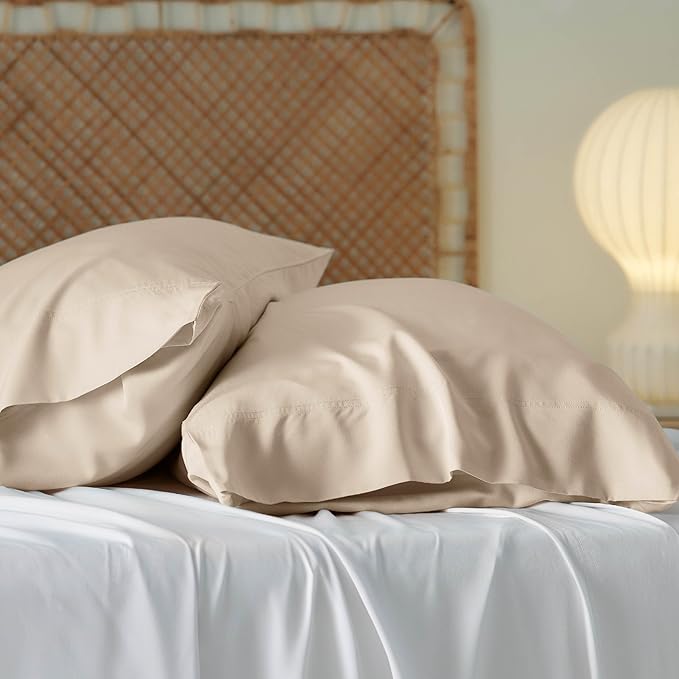 Bedsure Pillow Cases Standard Size, Cooling Pillow Cases, Rayon Derived from Bamboo Beige Pillowcases Standard Set of 2, Breathable & Soft Bedding Pillow Covers with Envelope Closure, 20x26 Inches