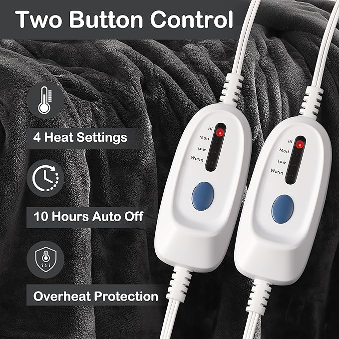 Electric Heated Blanket Queen Size 84"x90", Dual Controllers, Cozy Large Oversized, 4 Heating Levels & 10 Hours Auto Off, Cozy for Bed, Sofa, & Office, Machine Washable, Dark Gray