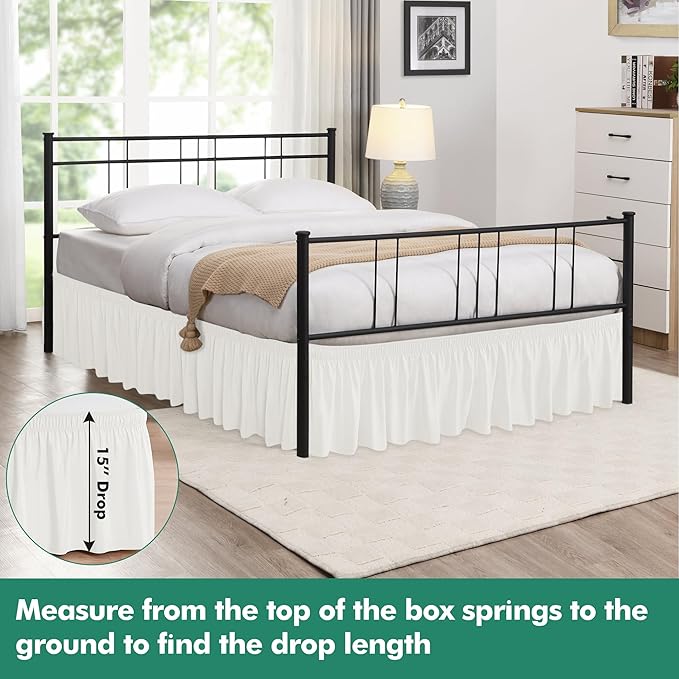 Biscaynebay Wrap Around Bed Skirts with Split Corners for King Beds 15" Drop, Ivory Adjustable Elastic Dust Ruffles Easy Fit Wrinkle Resistant Silky Luxurious Fabric Machine Washable