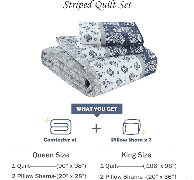 Quilt King Size, Cotton Comforter King Size,Navy Grey White Bedding Set, Farmhouse Striped Bedspread, Luxury Bed Set Bedroom for All Seasons 3 Piece
