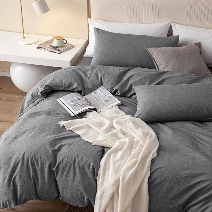 JIYUAN 100% Washed Cotton Duvet Cover Set 3 Pieces Alaska King, 1 Duvet Cover 132x120 Inches(Comforter Not Included) and 2 Pillowcases,Linen Feel Bedding Set Comfy and Breathable,Heathered Dark Grey