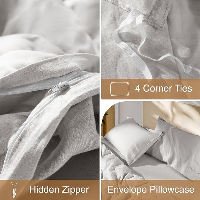 SONORO KATE 100% French Linen Duvet Cover King Size, Soft Breathable for Hot Sleepers, Moisture Wicking & Durable Cover Set - Zipper Closure & 4 Corner Ties Duvet Covers 3 Piece (Grey,King)