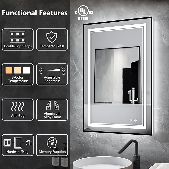 LED Bathroom Mirror with Front and Backlit 24"x36", Black LED Mirror for Bathroom,Dual LED Strips, Fogless, Dimmable, 3 Color Changing, Shatterproof, Horizontal/Vertical