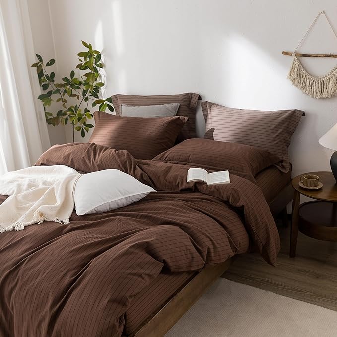 Stripe Duvet Cover King Size 104inch x 90inch,100% Washed Cotton Pinstripe Duvet Cover with Zipper Closure and 2 Pillowcases, Color of Cocoa Brown-Black Stripe