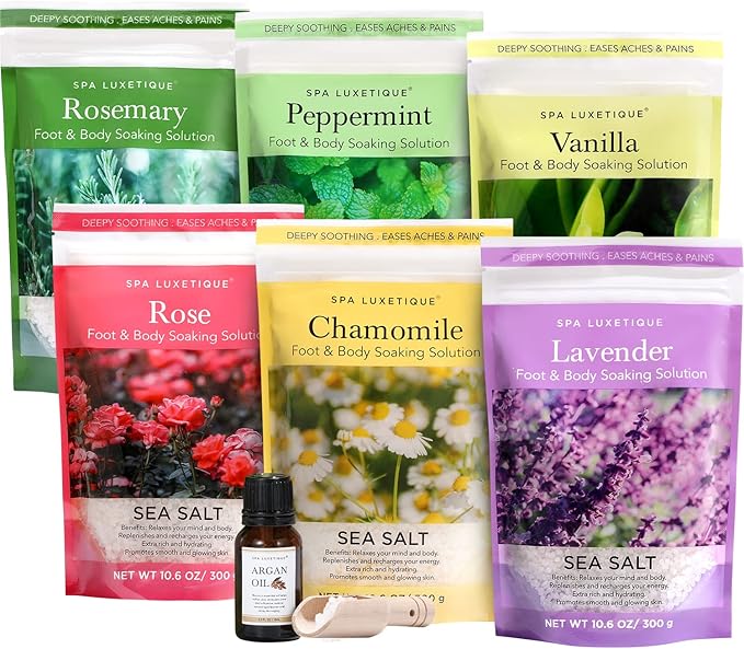 spa luxetique Bath Salts Gift Set 6-Pack, Foot and Body Sea Salts for Soaking, Wooden Scooper, 0.5oz Argan Oil, Bath Salts for Women Relaxing, Mother's Day Gifts for Mom