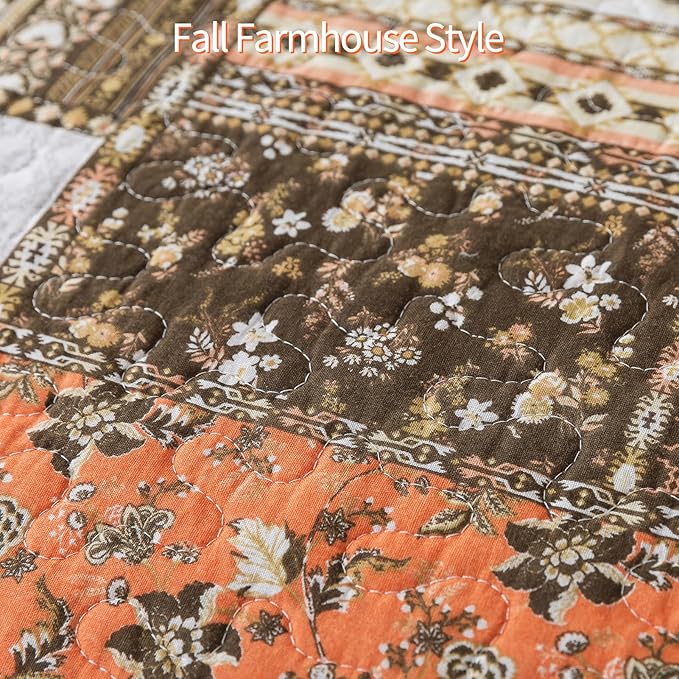 BEDIFANY Farmhouse Cotton Quilts Queen Size for Fall - Lightweight Patchwork Autumn Bedspread Set for Bed Coverlet - Highly-Woven Soft Reversible Bed Spread for All Seasons (Floral Orange) 3 Pieces