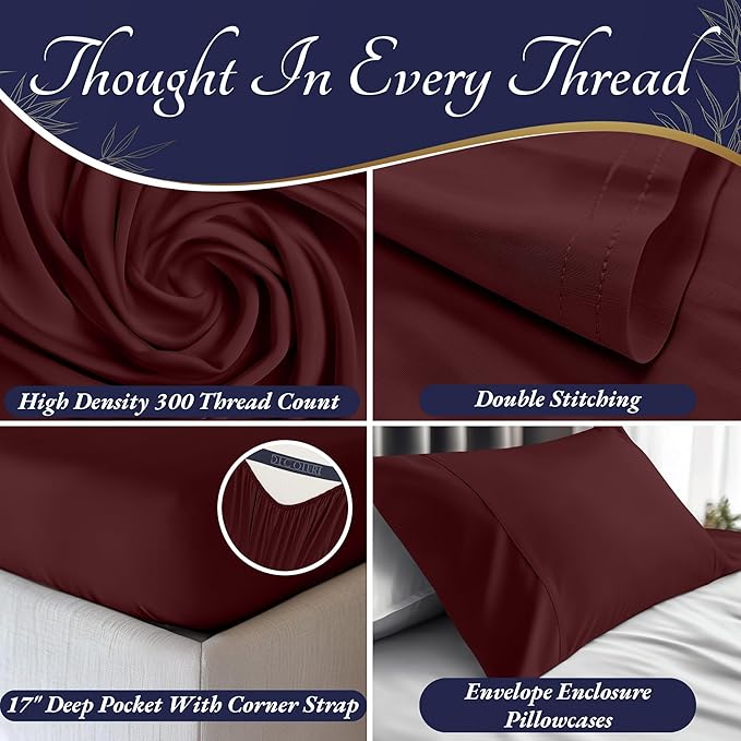 DECOLURE 100% Viscose Derived from Bamboo Sheets Twin Size 3pcs - Ultra Soft & Luxuriously Cooling, 17" Deep Pocket, Double Stitching, Perfect for Hot Sleepers - Twin Bed Sheets (Burgundy)