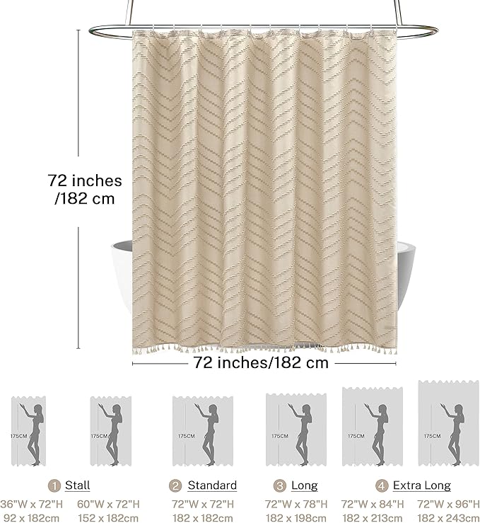 Boho Farmhouse Shower Curtain Woven Fabric Cute Beige Shower Curtain, 72 x 72 Tufted Chevron Textured Striped Modern Farmhouse Minimalist for Bathroom