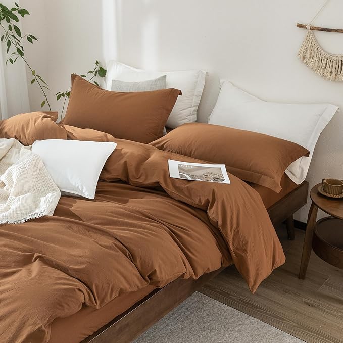 100% Washed Cotton Dark Orange Duvet Cover California King Size Bedding Set Cover 1 Duvet Cover with Zipper Closure Plus 2 Pillowcases, 104inch x 98inch