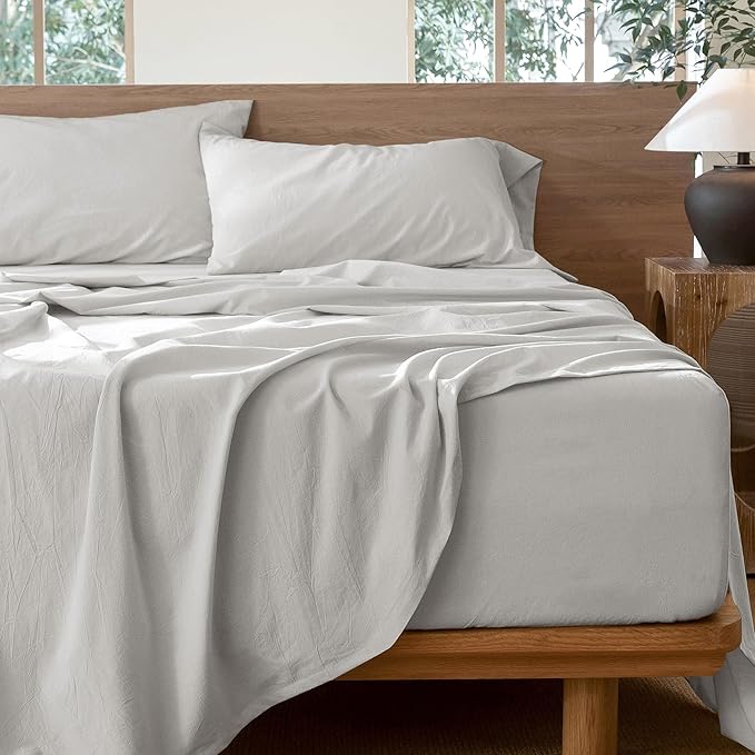 MooMee Bedding Sheet Set 100% Washed Cotton Linen Like Textured Breathable Durable Soft Comfy (Solid Light Blueish Grey, King)
