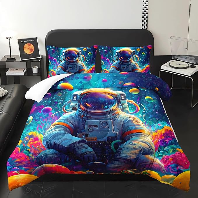 Kids Full Size Comforter Sets Space Astronauts，Full Size Astronaut Bedding Set，with 1 Comforter with 2 Pillow Case，Astronaut Bedroom Decor for Boys
