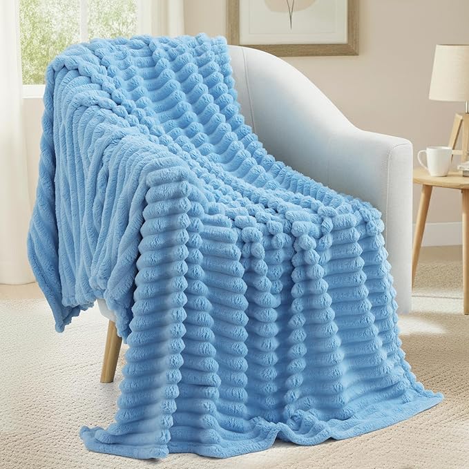 decorUhome Christmas Soft Fleece Blue Throw Blanket for Couch, Cozy Fluffy Plush Flannel Striped Blanket for Sofa Bed, Lightweight Decorative Ribbed Fuzzy Blanket for Woman, 50x60 Inches