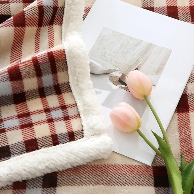 Sherpa Blanket Throw Blanket for Couch Sherpa Fleece Blanket Fluffy Checkered Soft Blanket for All Season Use Cozy Thick Warm Big Throws (Beige-Plaid, 60"*80")