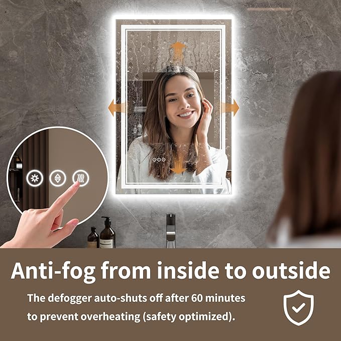 Bathroom Mirror with Lights 24"X36" with Front Light and Backlit, Tempered Glass, Wall Mount Horizontal/Vertical, Stepless Dimmable, 3 Colors, Anti Fog, Bathroom Memory LED Mirror