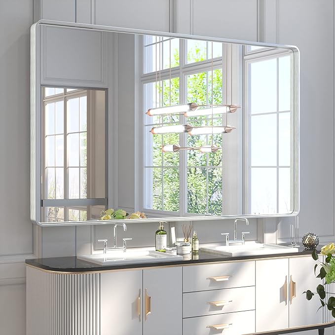TETOTE 60 x 36 Inch Silver Wall Mirror, Brushed Silver Modern Decorative Rectangular Framed Large Farmhouse Vanity Mirrors for Bathroom Living Room (Horizontal/Vertical)