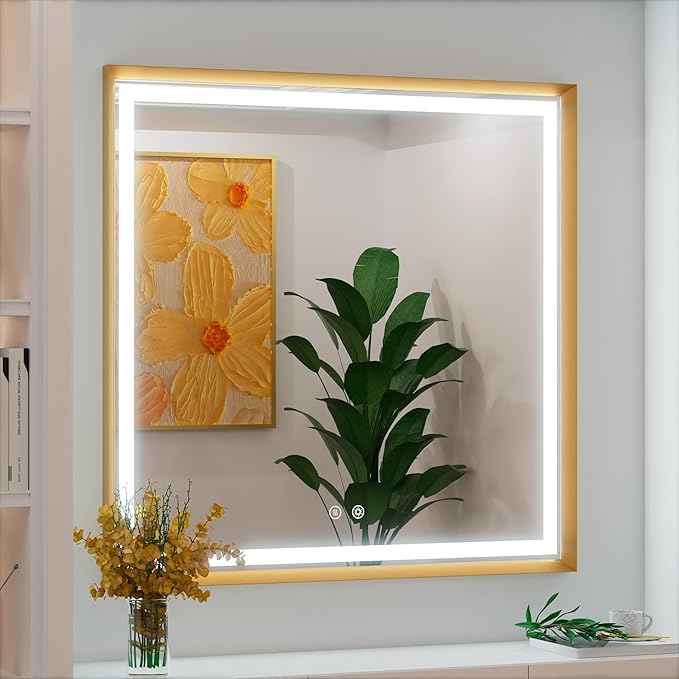 30x30 Inch Gold LED Bathroom Mirror, 3 Color Temperatures (3000K/4500K/6000K), Anti-Fog, Dimmable Lights, Memory Function, Horizontal/Vertical Wall Mounted