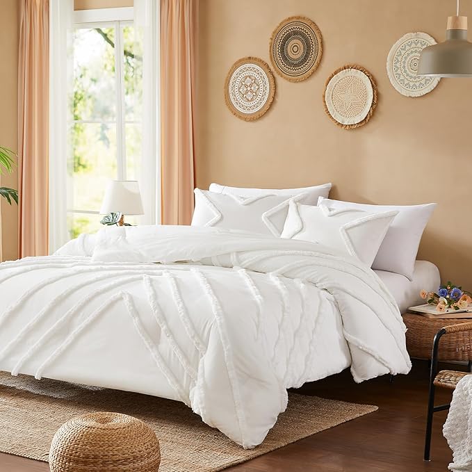 Cupocupa King Size Comforter Set;Ivory Comforters Boho Tufted Lightweight Bedding Sets 3PCS Comforter Soft Jacquard Comforter with 2 Pillow Cases for All Season