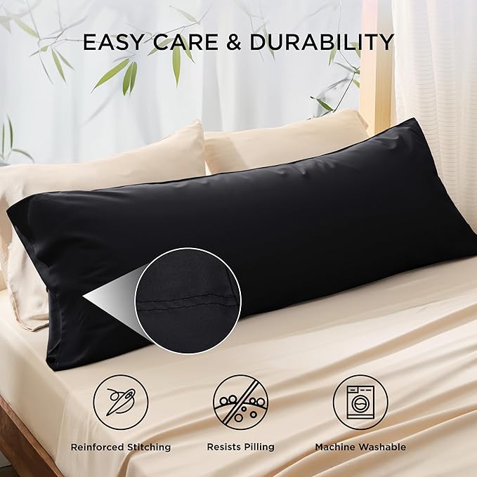 Bedsure Body Pillow Cover, Cooling Body Pillow Pillowcase for Hot Sleepers, Rayon Derived from Bamboo Black Pillowcase, Breathable & Soft Long Pillow Case Cover with Envelope Closure, 20x54 Inches
