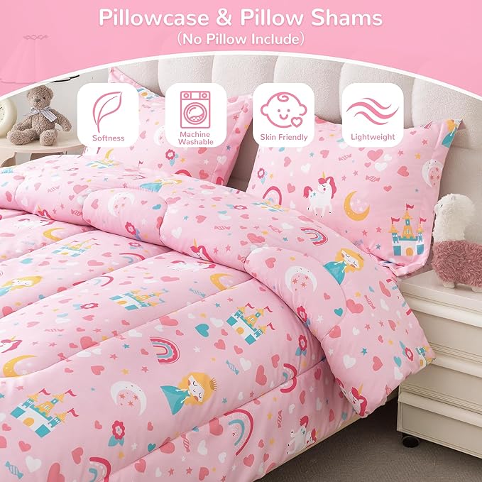 Viviland Kids Twin Bedding Sets for Girls, Soft Twin Comforter Set with Sheets, 5 Pieces Microfiber Bed in a Bag, Pink Castle Unicorn