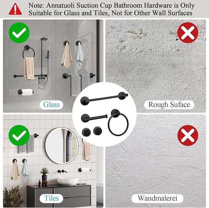5 Piece Suction Cup Bathroom Accessories Set, Adjustable 12-21 Inches Suction Cup Towel Bar Towel Racks, Robe Towel Hooks Toilet Paper Holder for Glass Shower Door Bathroom Matte Black