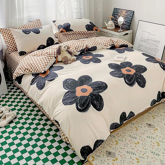 Cottonight Black and White Floral Comforter Twin Big Flower Chic Bedding Boho Modern Elegant Breathable Quilts Blankets Lightweight Comforter Set with 2 Pillowcases