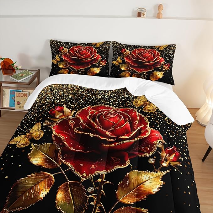Gold Red Rose Comforter Set King Size,Golden Glitter Butterfly Pattern Bedding Set for Girls Women Couple Lover,Romantic Valentine's Day Floral Themed Bedding Set with 2 Pillowcases.