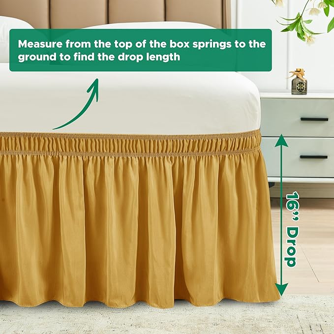 Biscaynebay Wrap Around Bed Skirts for Queen Beds 16" Drop, Gold Adjustable Elastic Dust Ruffles Easy Fit Wrinkle Resistant Silky Luxurious Fabric Machine Washable