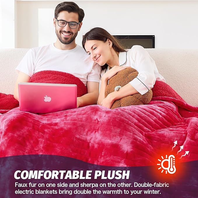 greenoak Heated Electric Blanket Throw, Faux Fur Sherpa Heating Blanket for Sofa Bed, Warm Winter Gifts for Mom/Grandma, Heater Lap Blankets 5-Position Timer &10 Heating Levels 84''*90" Red