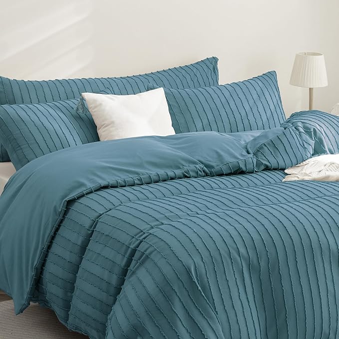 JELLYMONI Duvet Cover Queen Size Grayish Blue - 3PCS Boho Striped Duvet Cover Set Polyester Tufted Bohemian Textured Comforter Cover 90×90in with Corner Ties & Zipper and 2 Pillowcases