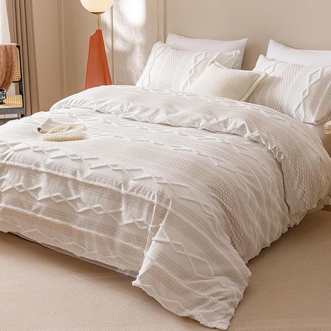 KAREVER Ivory Boho Comforter Set King Mixed Textures Jacquard Bedding Set Durable Chic and Stylish Bedroom Set