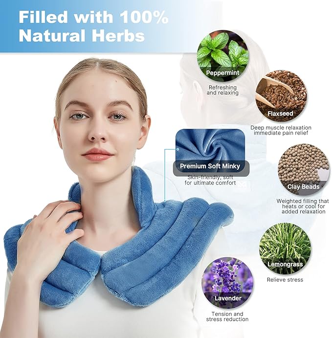 Neck Heating Pad Microwavable for Shoulders, Warmer Wrap Microwave Heating Pad for Neck and Shoulders for Pain Relief (Light Blue)