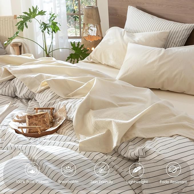 MooMee Bedding Sheet Set 100% Washed Cotton Linen Like Textured Breathable Durable Soft Comfy (Heathered Almond Milk Grey, California King)