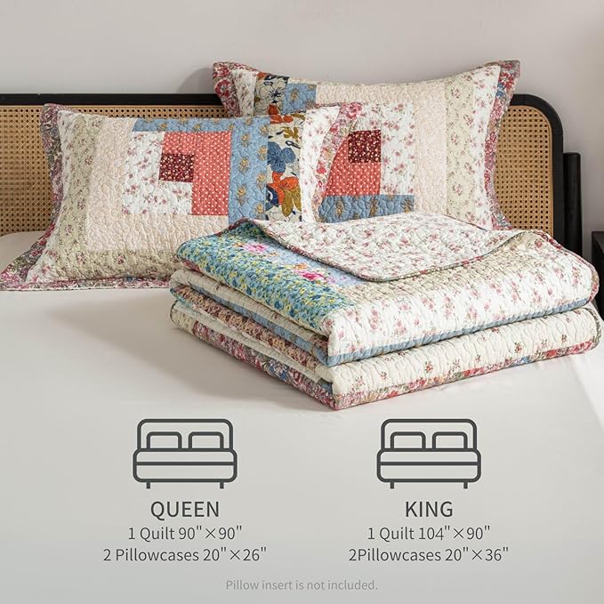 meadow park Cotton Real Patchwork Quilt Set 3-Piece. 100% Washed Cotton. 208 Hand Cut Patches. Allover Quilting. Reversible Coverlet Set. (Queen)