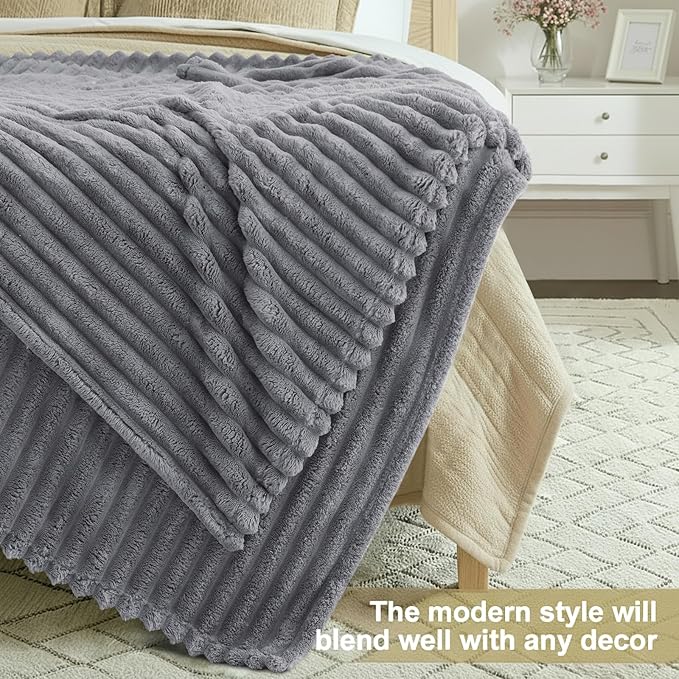 decorUhome Christmas Soft Fleece Grey Blanket Queen Size for Bed, Cozy Fluffy Plush Flannel Large Striped Throws for Couch Sofa, Lightweight Decorative Fuzzy Blanket for Woman, 90x90 Inches