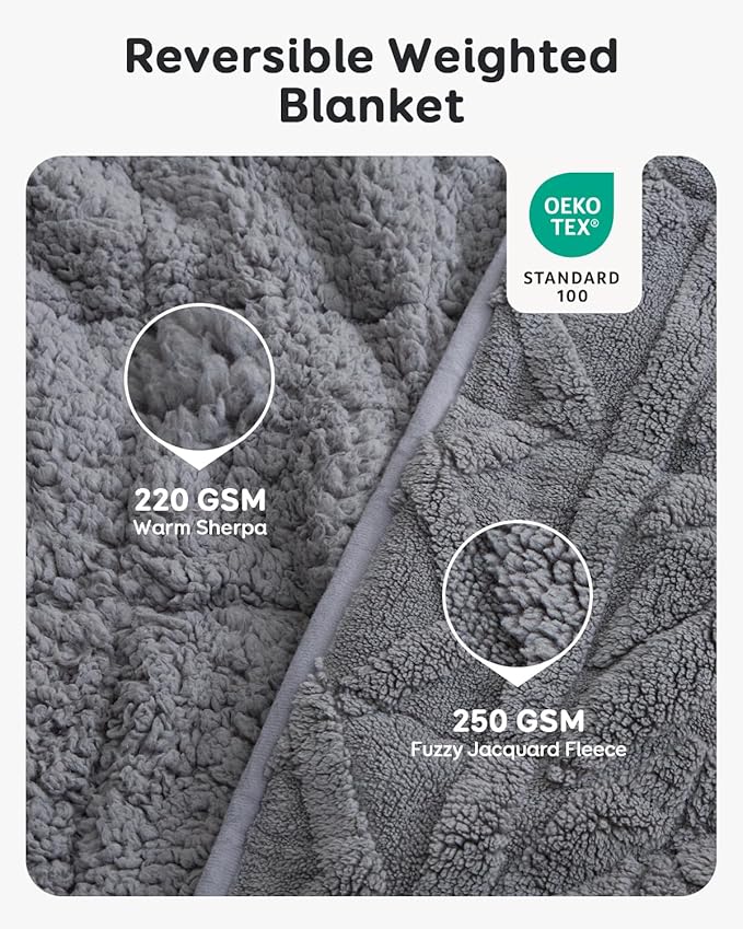Sivio Weighted Blanket Queen Size 15 lbs for Adults, Sherpa Fleece Weighted Blanket Jacquard Heavy Blanket for Sleeping, Reversible Super Soft Warm Cozy Fluffy Blanket for Adult, 60 x 80inches, Grey