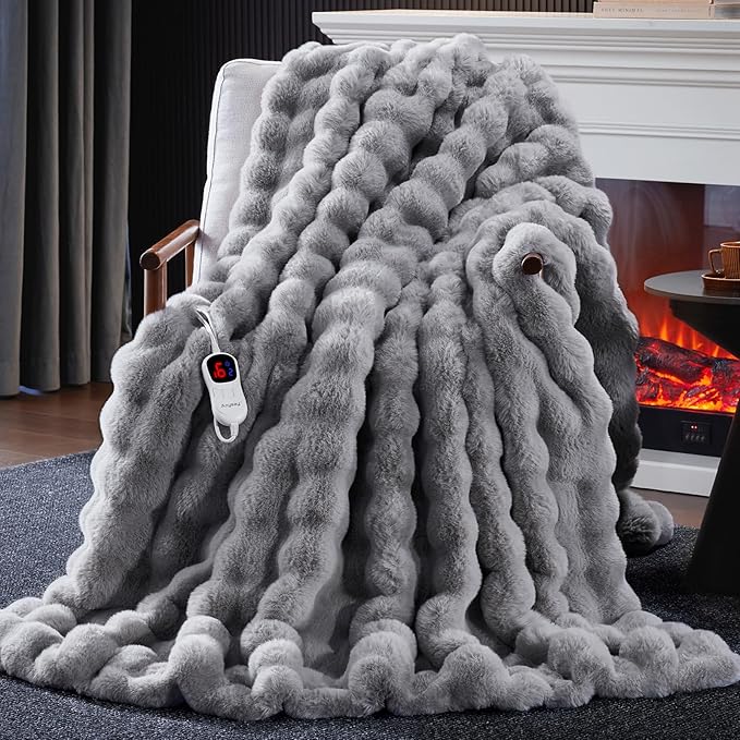 Heated Blanket Full Size with 1/2/4/6/8 Hours Auto-Off 10 Heat Level, 62'' * 84'' Cozy Faux Rabbit Fur Bubble Electric Blanket with Overheat Protection(Light Grey)