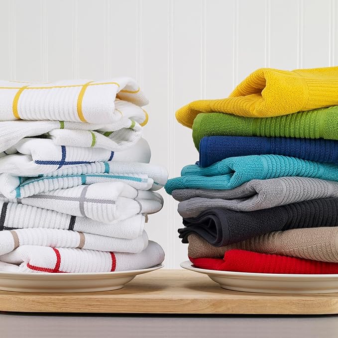 T-Fal Solid & Checked Parquet Kitchen Towels: Highly Absorbent, Super Soft Long Lasting - 100% Cotton, 16"x26" Dish Towels for Cleaning & Drying Dishes, Pans, Glassware, Countertops, 6-Pack, Blue