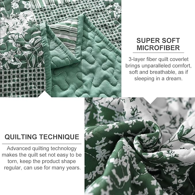 Mybedsoul Green Quilt Set Full Size, 3 Pieces Plaid Floral Bedspread Set Patchwork Reversible Bedding Set Microfiber Lightweight Bedspread Coverlet Set for All Season 78"x90"