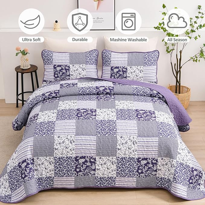 Mybedsoul Purple Quilt Set California King Size, 3 Pieces Boho Plaid Floral Bedspread Set Microfiber Lightweight Bohemian Bedding Bedspread Coverlet Set for All Season 106"x 96"