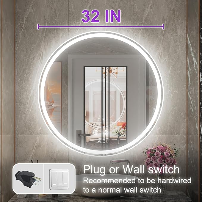 32 Inch Round LED Bathroom Mirror with Anti-Fog, Dimmable Front & Backlit Lights, 6000K Daylight, Frameless, 5mm HD Glass, Memory Function, Touch Control